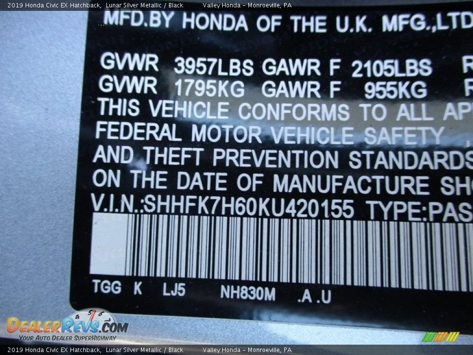 2019 Honda Civic EX Hatchback Lunar Silver Metallic / Black Photo #19
