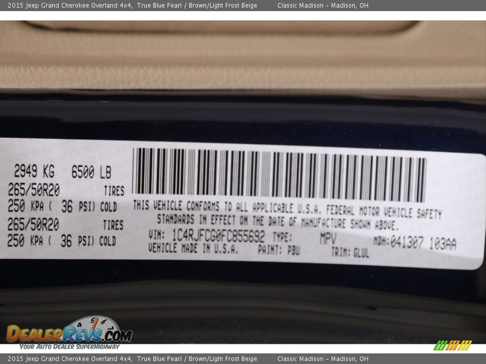 2015 Jeep Grand Cherokee Overland 4x4 True Blue Pearl / Brown/Light Frost Beige Photo #20