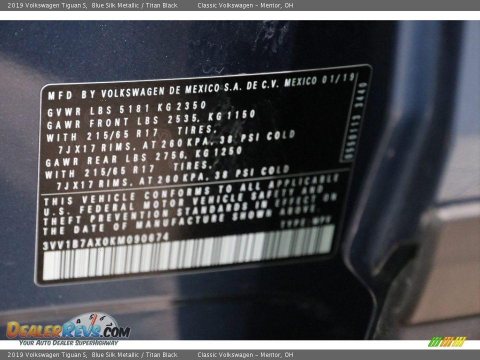 2019 Volkswagen Tiguan S Blue Silk Metallic / Titan Black Photo #20