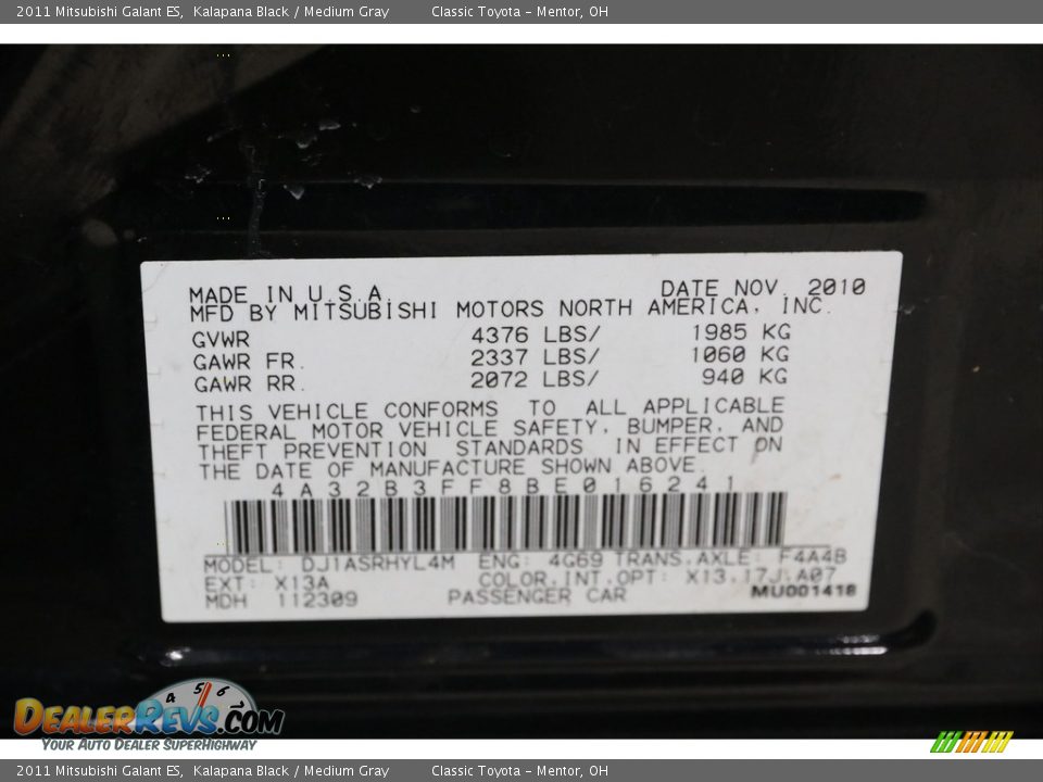 2011 Mitsubishi Galant ES Kalapana Black / Medium Gray Photo #17