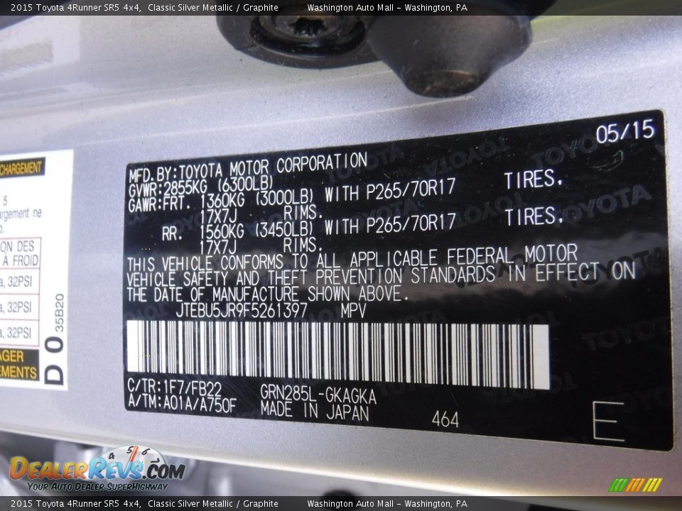 2015 Toyota 4Runner SR5 4x4 Classic Silver Metallic / Graphite Photo #29