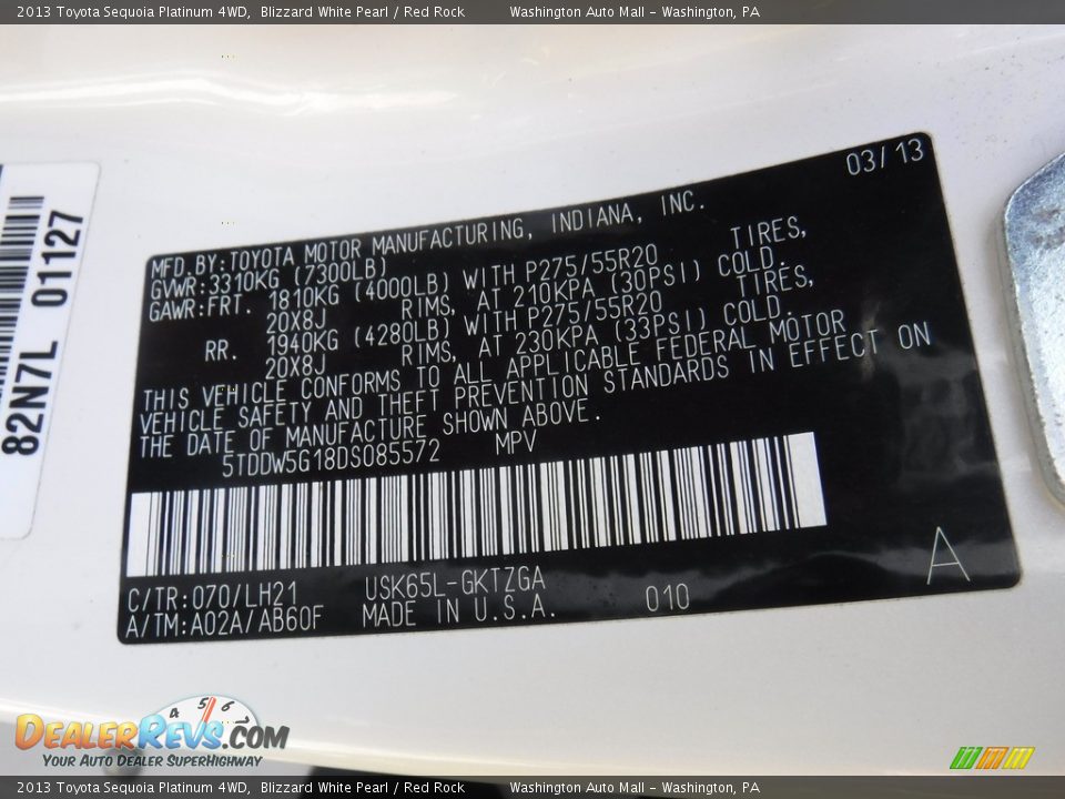2013 Toyota Sequoia Platinum 4WD Blizzard White Pearl / Red Rock Photo #33