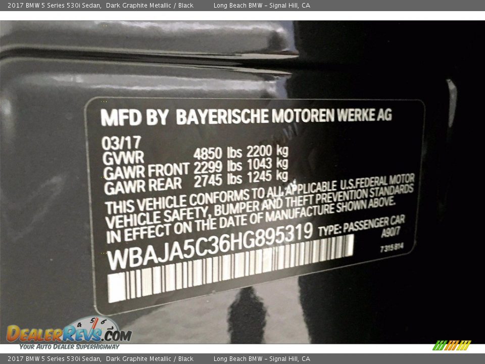 2017 BMW 5 Series 530i Sedan Dark Graphite Metallic / Black Photo #36