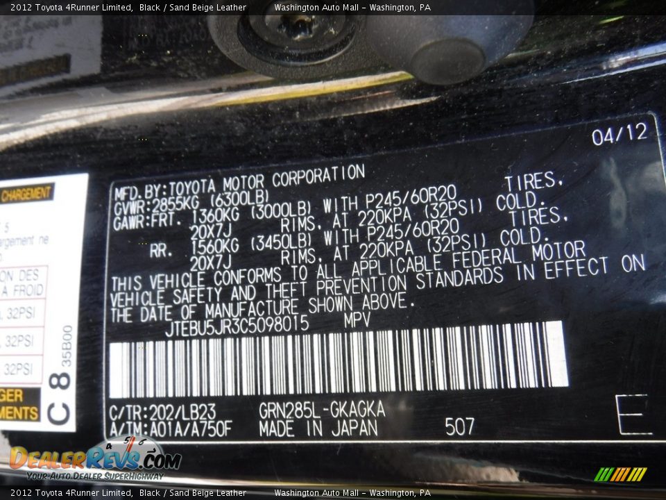 2012 Toyota 4Runner Limited Black / Sand Beige Leather Photo #30