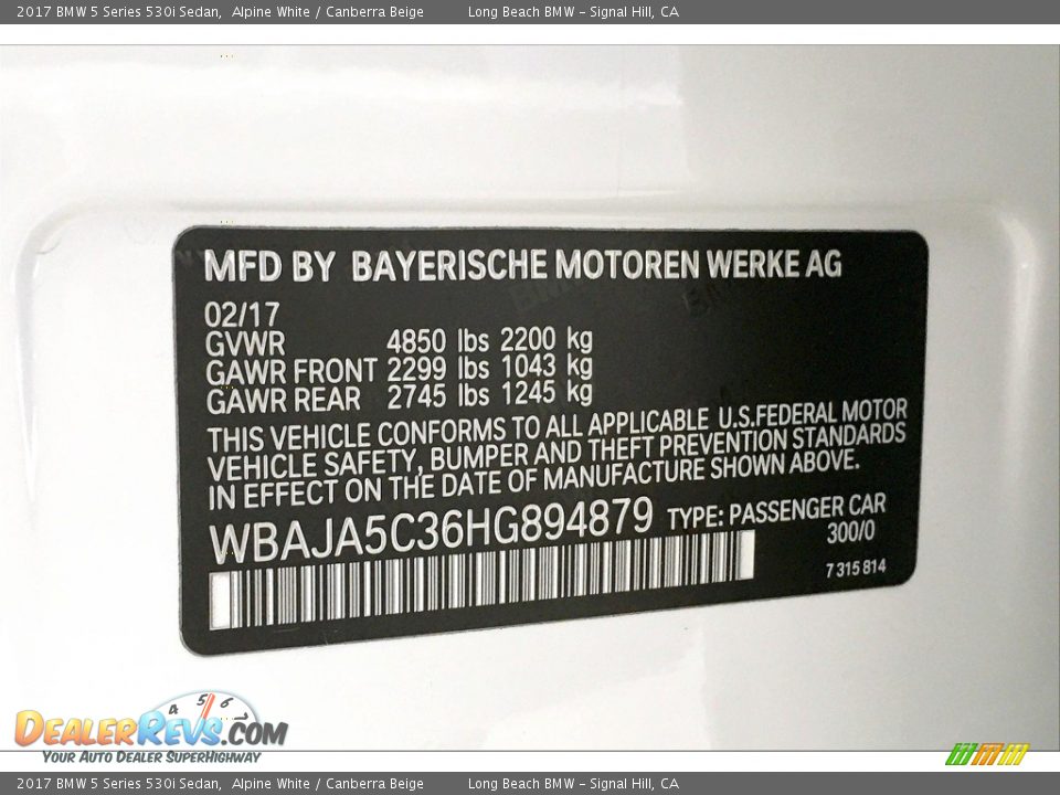 2017 BMW 5 Series 530i Sedan Alpine White / Canberra Beige Photo #36