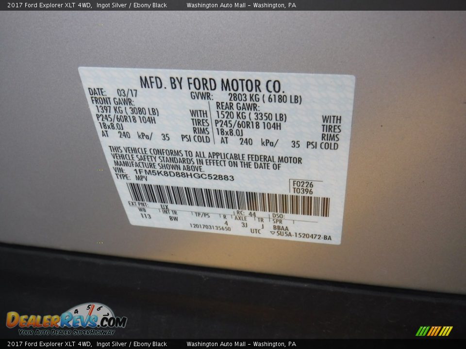 2017 Ford Explorer XLT 4WD Ingot Silver / Ebony Black Photo #29