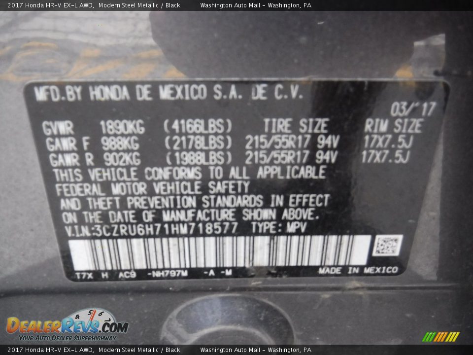 2017 Honda HR-V EX-L AWD Modern Steel Metallic / Black Photo #27