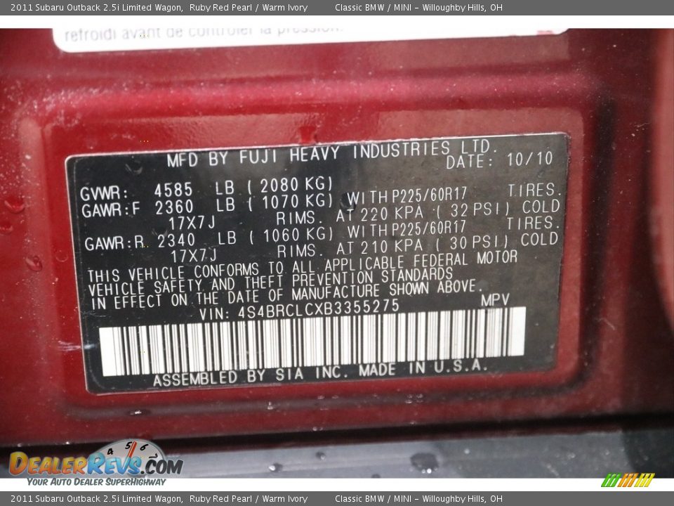 2011 Subaru Outback 2.5i Limited Wagon Ruby Red Pearl / Warm Ivory Photo #20