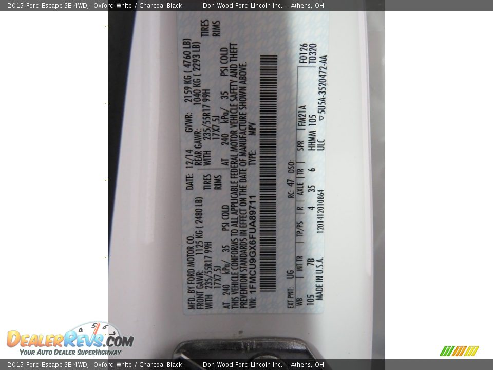 2015 Ford Escape SE 4WD Oxford White / Charcoal Black Photo #33