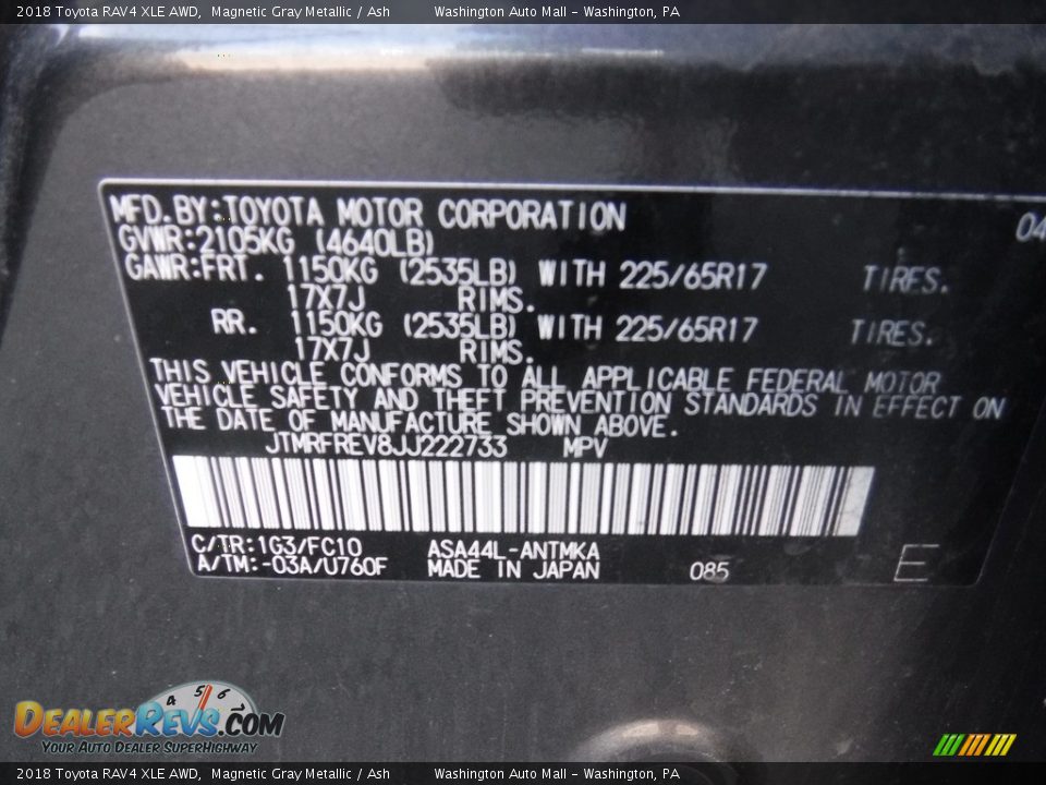 2018 Toyota RAV4 XLE AWD Magnetic Gray Metallic / Ash Photo #27