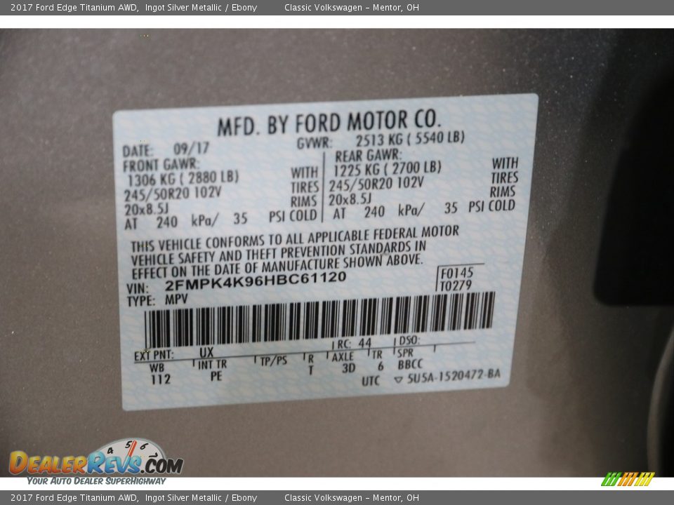 2017 Ford Edge Titanium AWD Ingot Silver Metallic / Ebony Photo #20