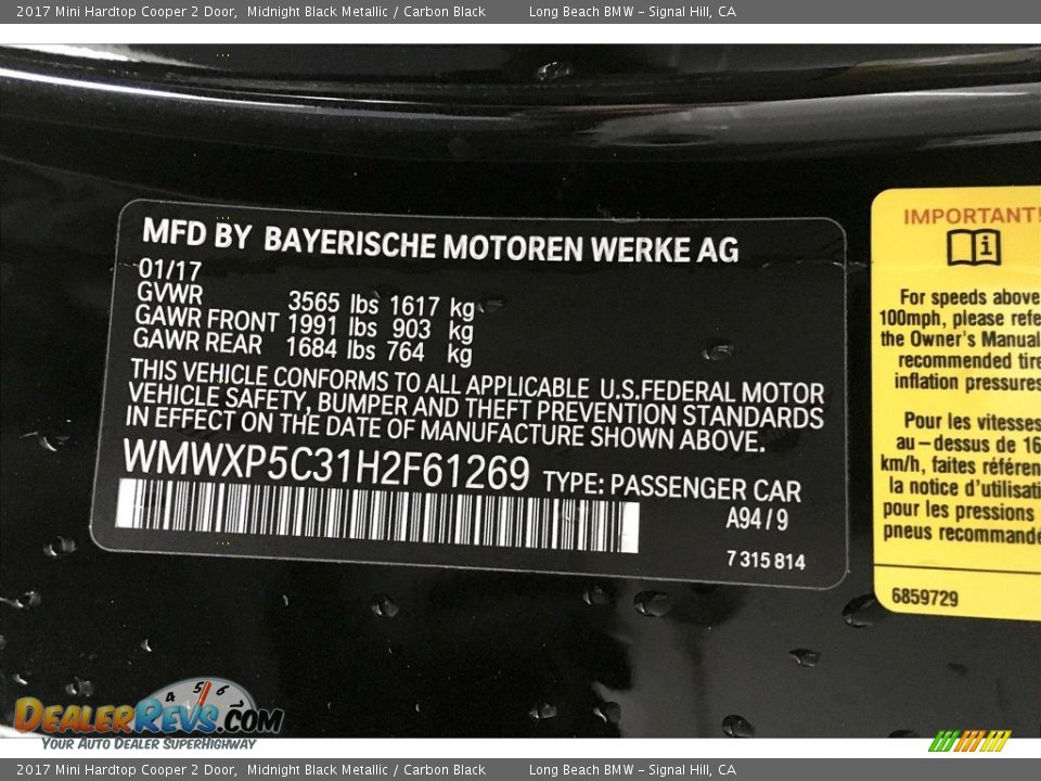 2017 Mini Hardtop Cooper 2 Door Midnight Black Metallic / Carbon Black Photo #35