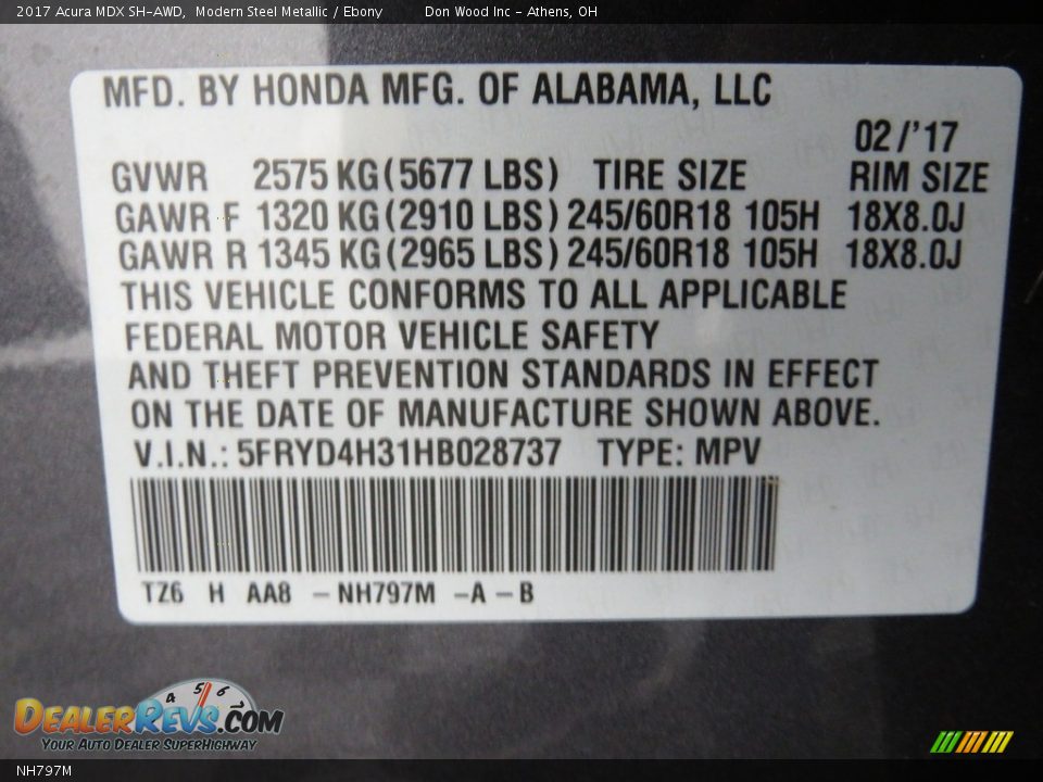 Acura Color Code NH797M Modern Steel Metallic