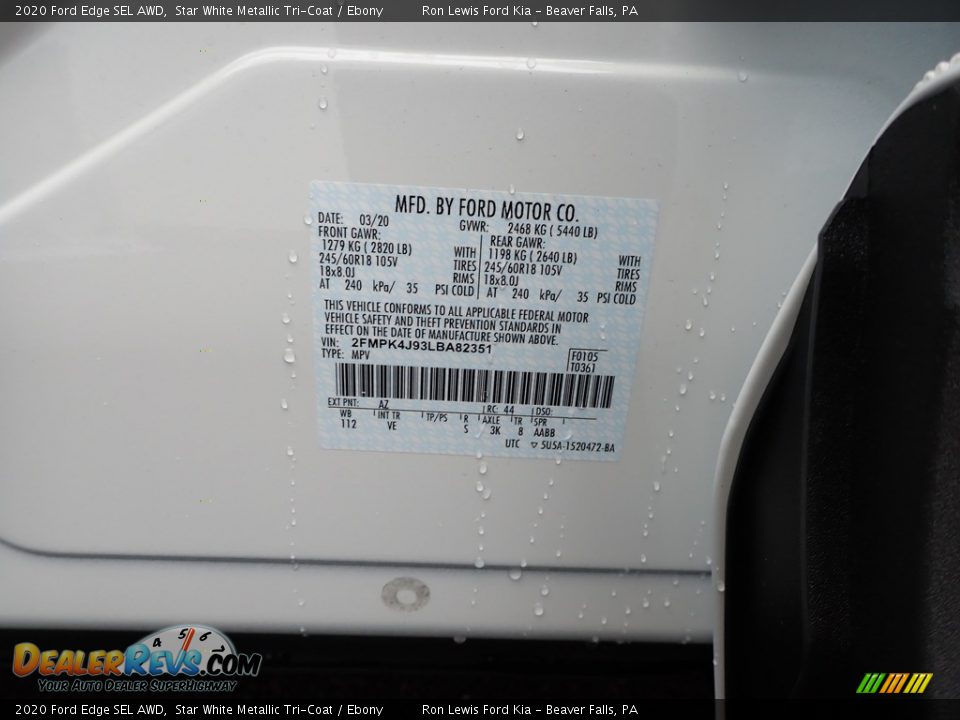 2020 Ford Edge SEL AWD Star White Metallic Tri-Coat / Ebony Photo #11