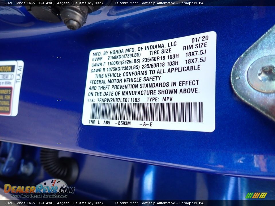 2020 Honda CR-V EX-L AWD Aegean Blue Metallic / Black Photo #12