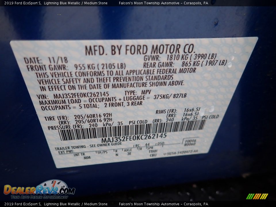 2019 Ford EcoSport S Lightning Blue Metallic / Medium Stone Photo #23