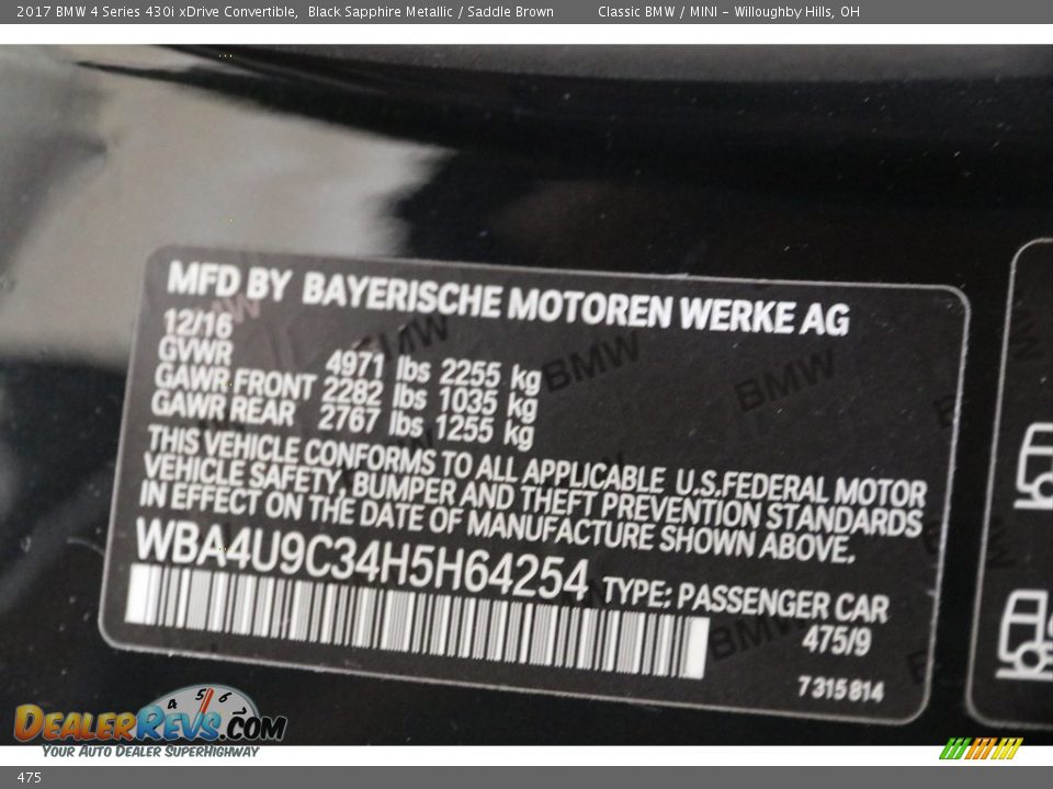 BMW Color Code 475 Black Sapphire Metallic