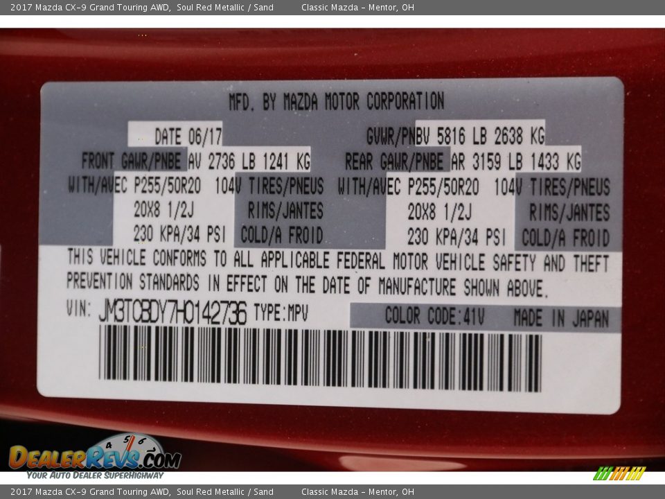 2017 Mazda CX-9 Grand Touring AWD Soul Red Metallic / Sand Photo #22