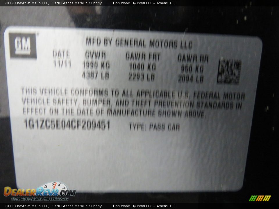 2012 Chevrolet Malibu LT Black Granite Metallic / Ebony Photo #32