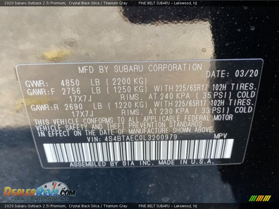 2020 Subaru Outback 2.5i Premium Crystal Black Silica / Titanium Gray Photo #12