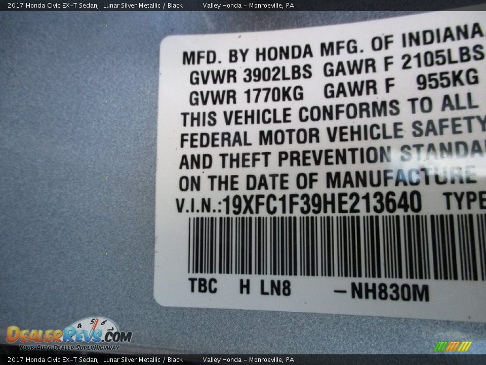 2017 Honda Civic EX-T Sedan Lunar Silver Metallic / Black Photo #19