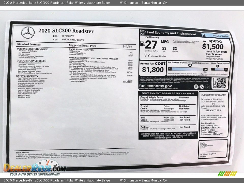 2020 Mercedes-Benz SLC 300 Roadster Polar White / Macchiato Beige Photo #10