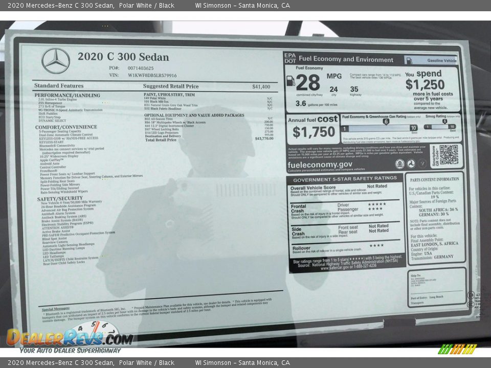 2020 Mercedes-Benz C 300 Sedan Polar White / Black Photo #10