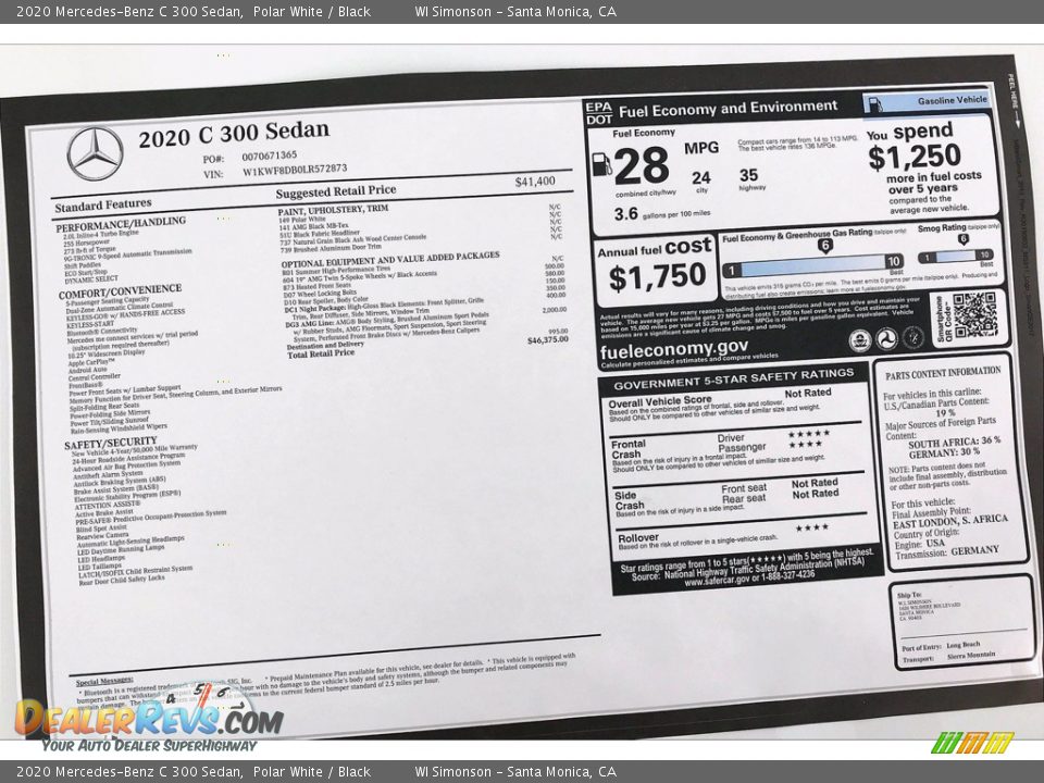 2020 Mercedes-Benz C 300 Sedan Polar White / Black Photo #10
