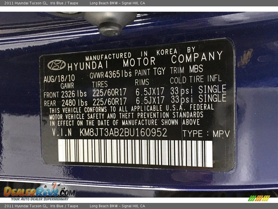 2011 Hyundai Tucson GL Iris Blue / Taupe Photo #35