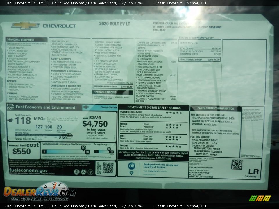 2020 Chevrolet Bolt EV LT Window Sticker Photo #7