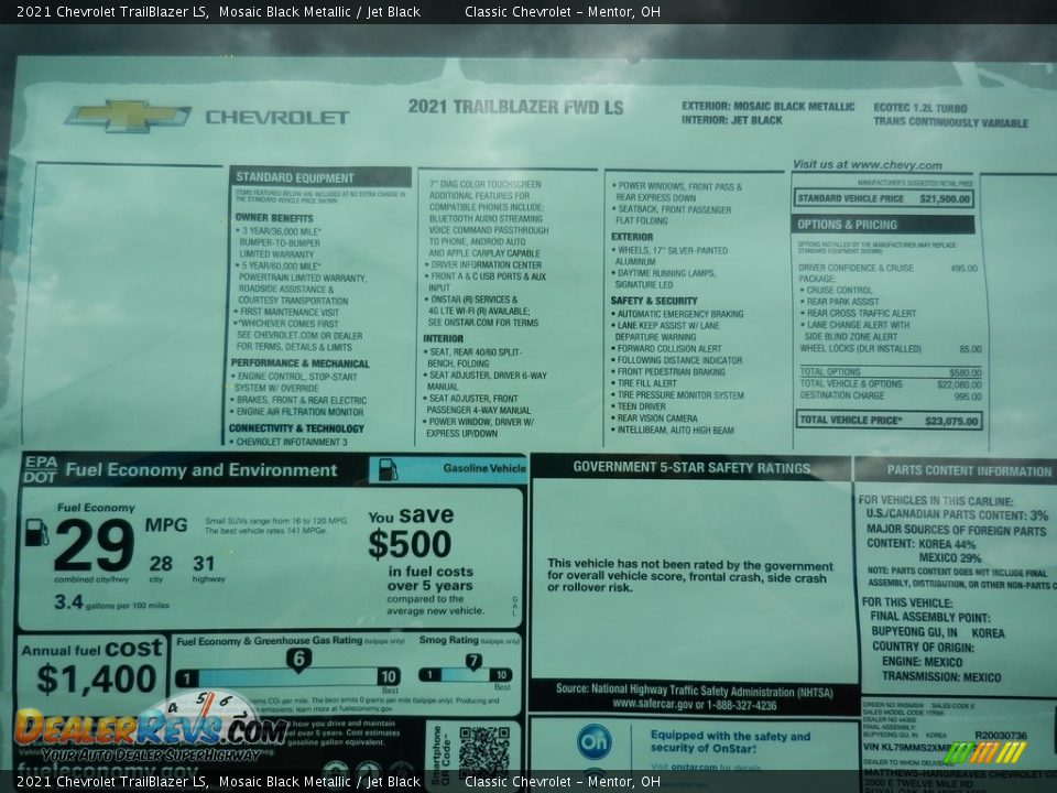 2021 Chevrolet TrailBlazer LS Window Sticker Photo #7