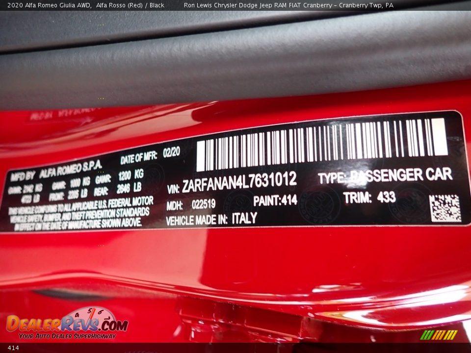 Alfa Romeo Color Code 414 Alfa Rosso (Red)