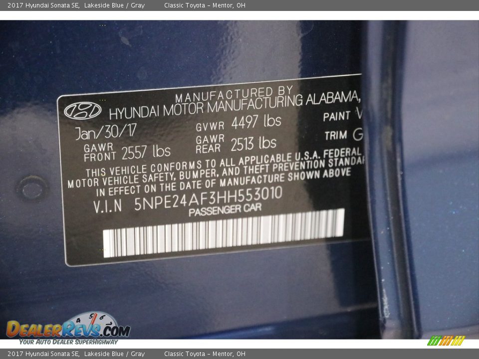 2017 Hyundai Sonata SE Lakeside Blue / Gray Photo #18