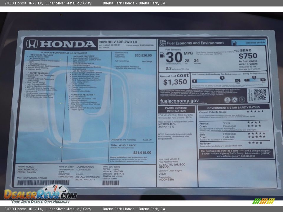 2020 Honda HR-V LX Lunar Silver Metallic / Gray Photo #16