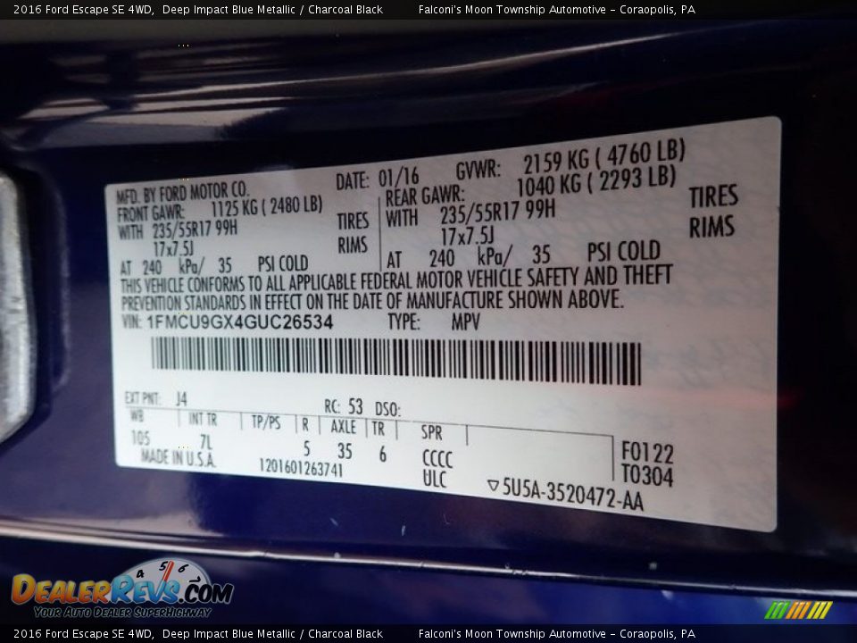 2016 Ford Escape SE 4WD Deep Impact Blue Metallic / Charcoal Black Photo #23
