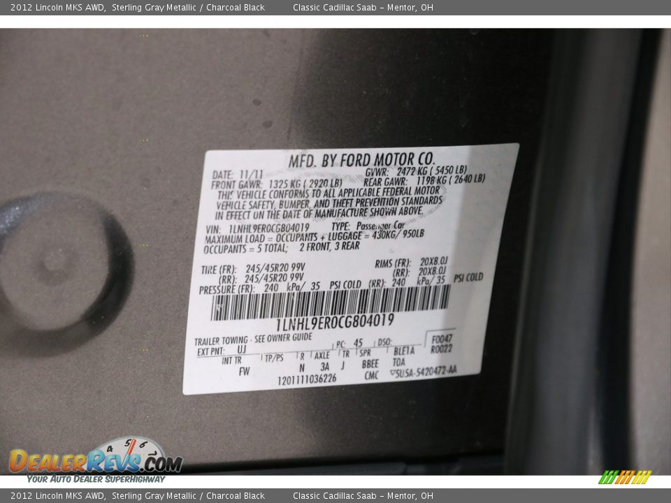 2012 Lincoln MKS AWD Sterling Gray Metallic / Charcoal Black Photo #19