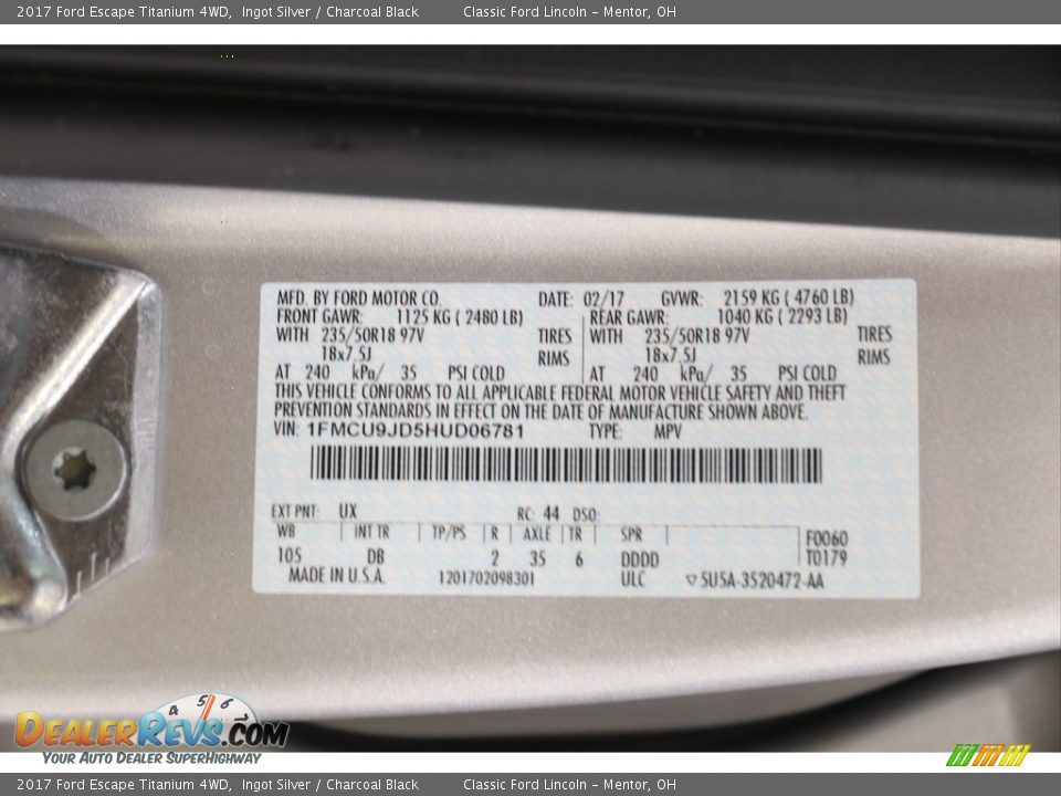 2017 Ford Escape Titanium 4WD Ingot Silver / Charcoal Black Photo #19