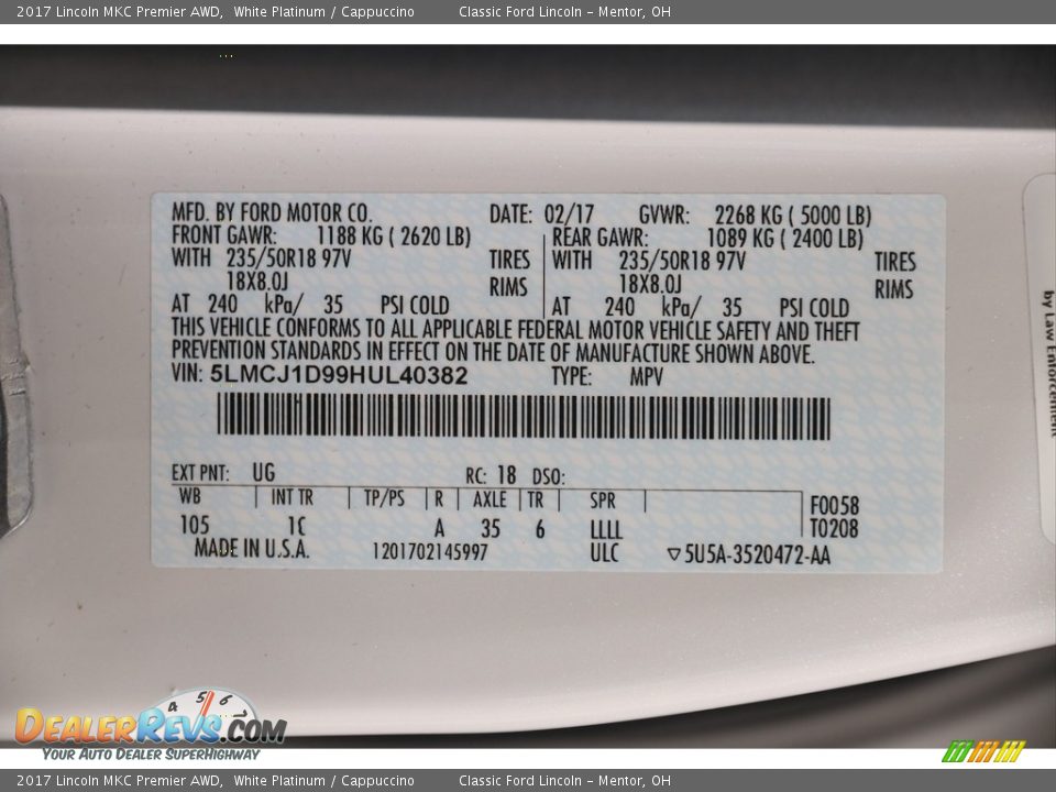 2017 Lincoln MKC Premier AWD White Platinum / Cappuccino Photo #19