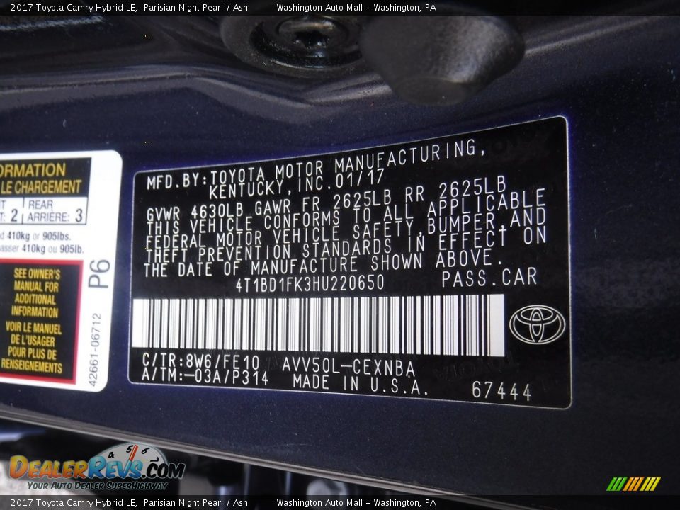 2017 Toyota Camry Hybrid LE Parisian Night Pearl / Ash Photo #27