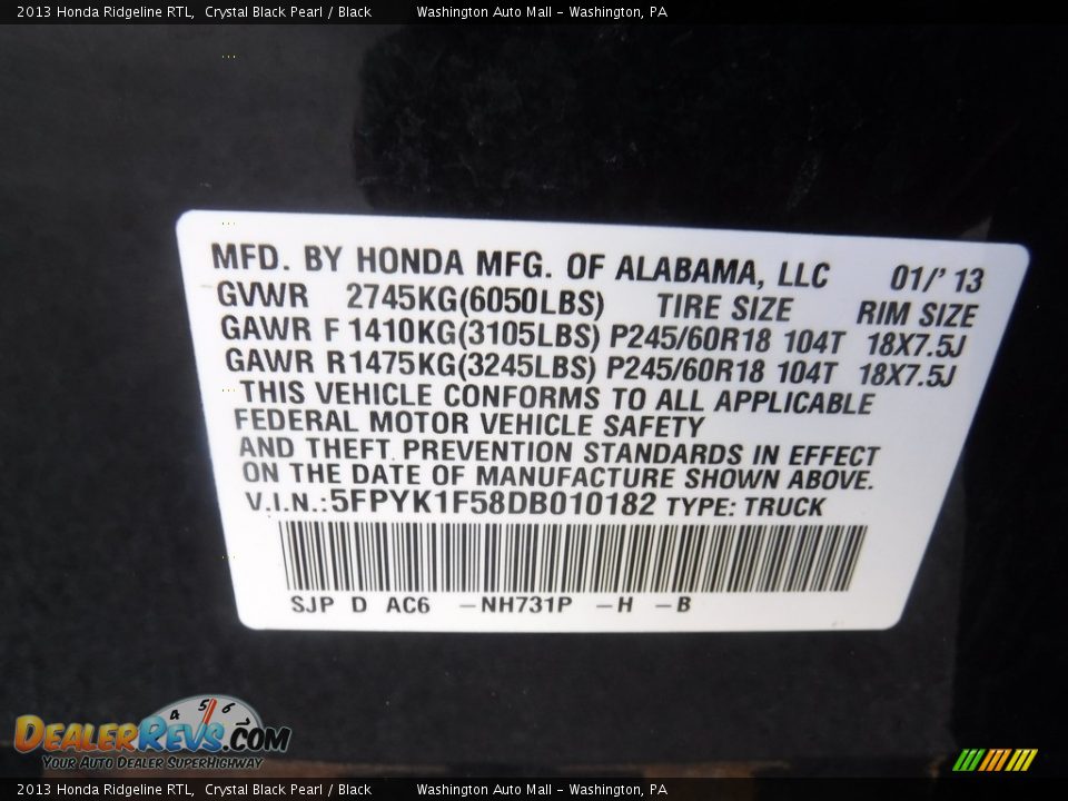 2013 Honda Ridgeline RTL Crystal Black Pearl / Black Photo #31