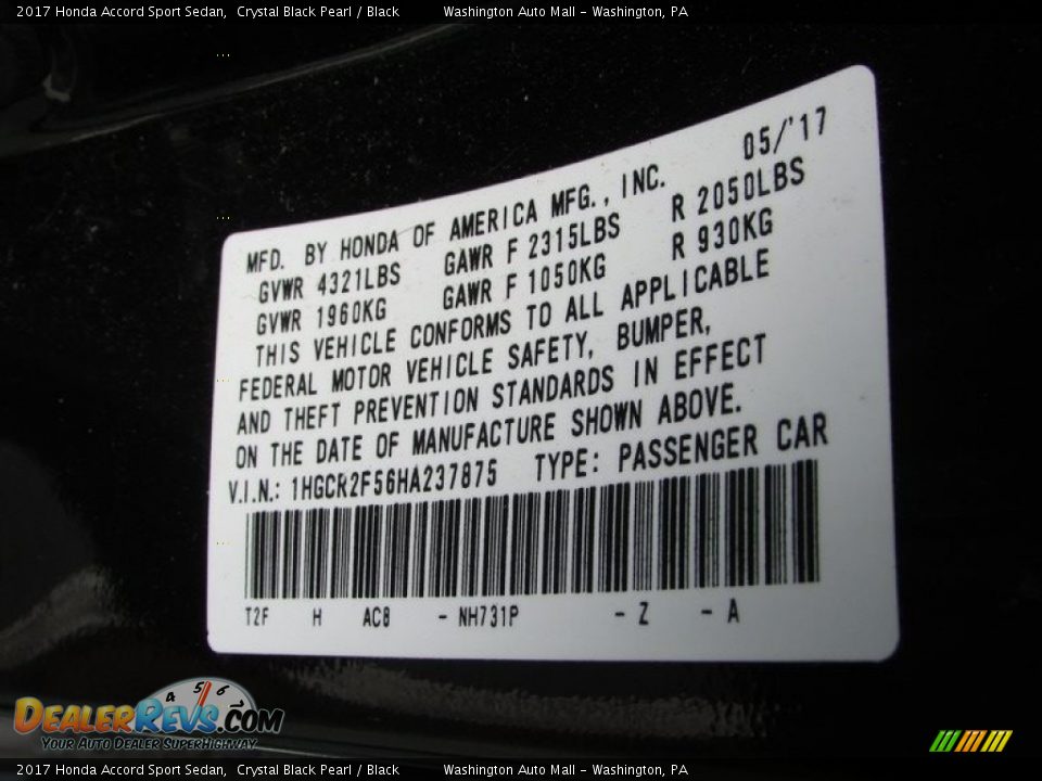 2017 Honda Accord Sport Sedan Crystal Black Pearl / Black Photo #24