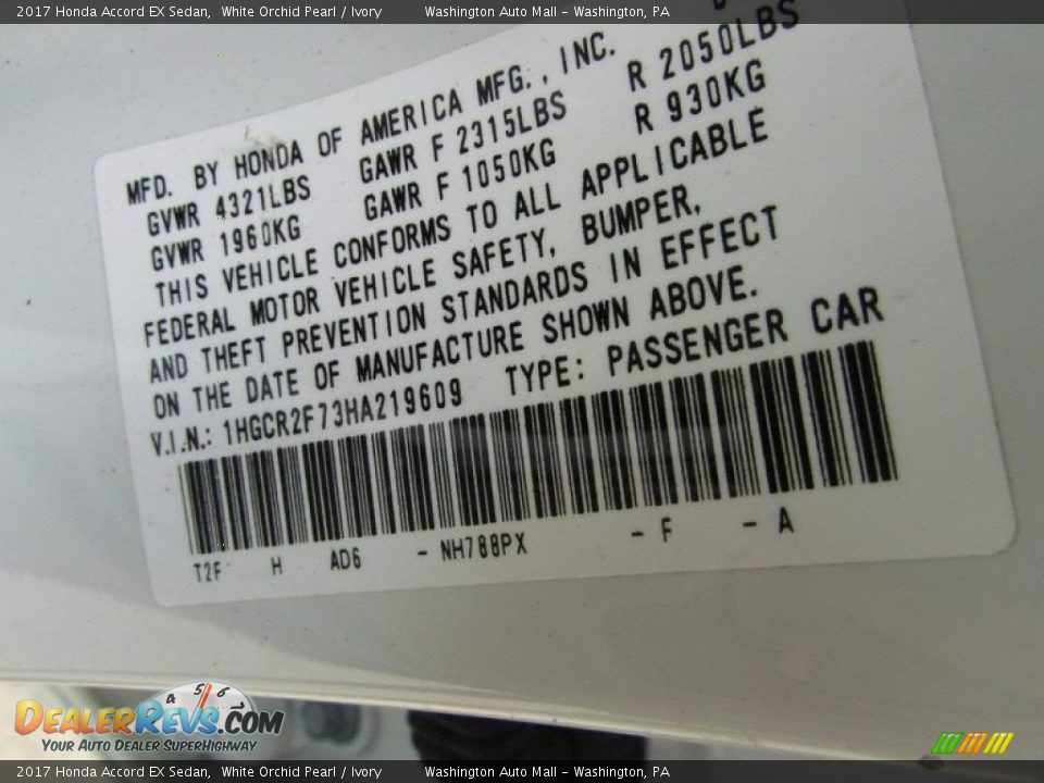 2017 Honda Accord EX Sedan White Orchid Pearl / Ivory Photo #29