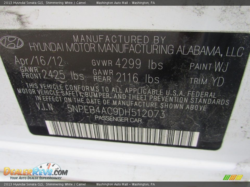 2013 Hyundai Sonata GLS Shimmering White / Camel Photo #24