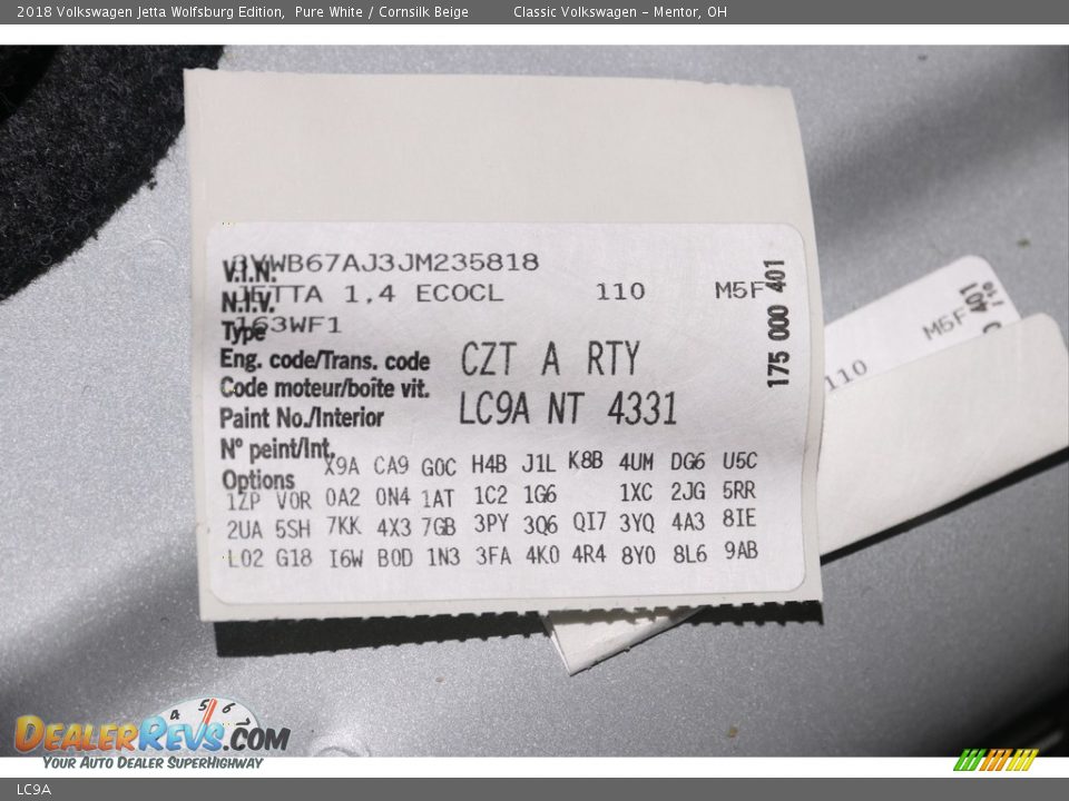 Volkswagen Color Code LC9A Pure White