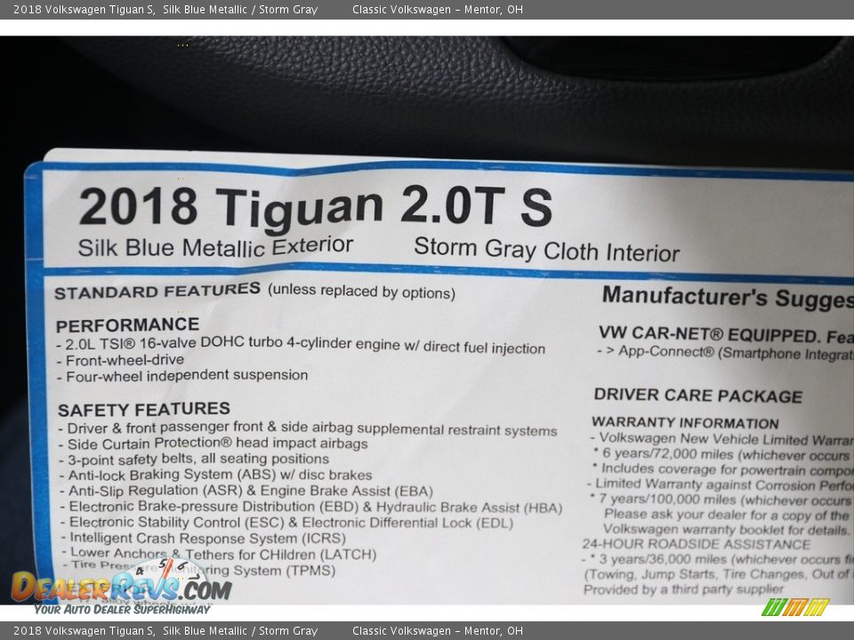 2018 Volkswagen Tiguan S Silk Blue Metallic / Storm Gray Photo #22