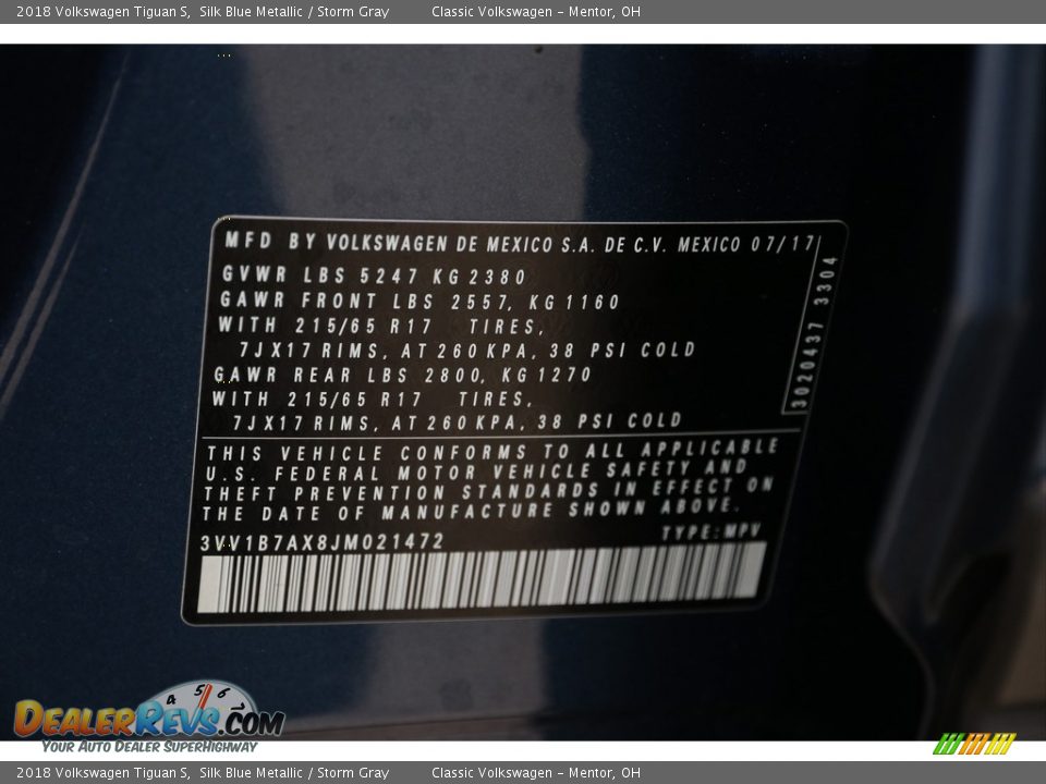 2018 Volkswagen Tiguan S Silk Blue Metallic / Storm Gray Photo #23