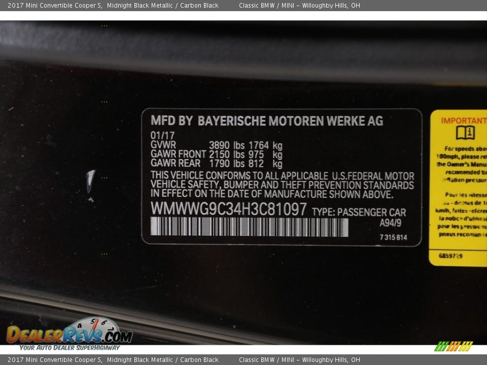 2017 Mini Convertible Cooper S Midnight Black Metallic / Carbon Black Photo #20