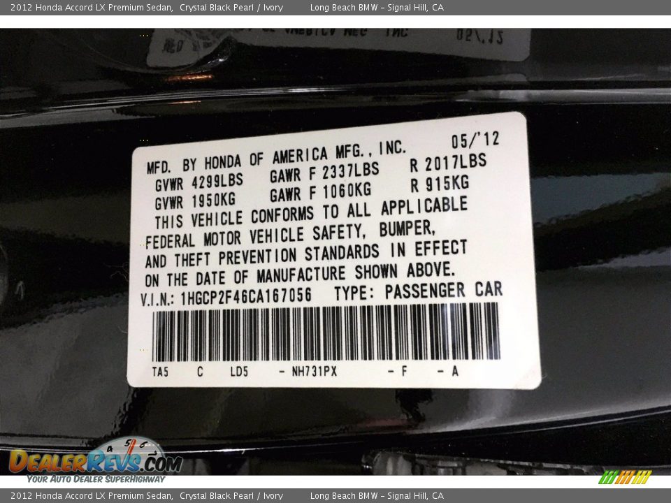 2012 Honda Accord LX Premium Sedan Crystal Black Pearl / Ivory Photo #35