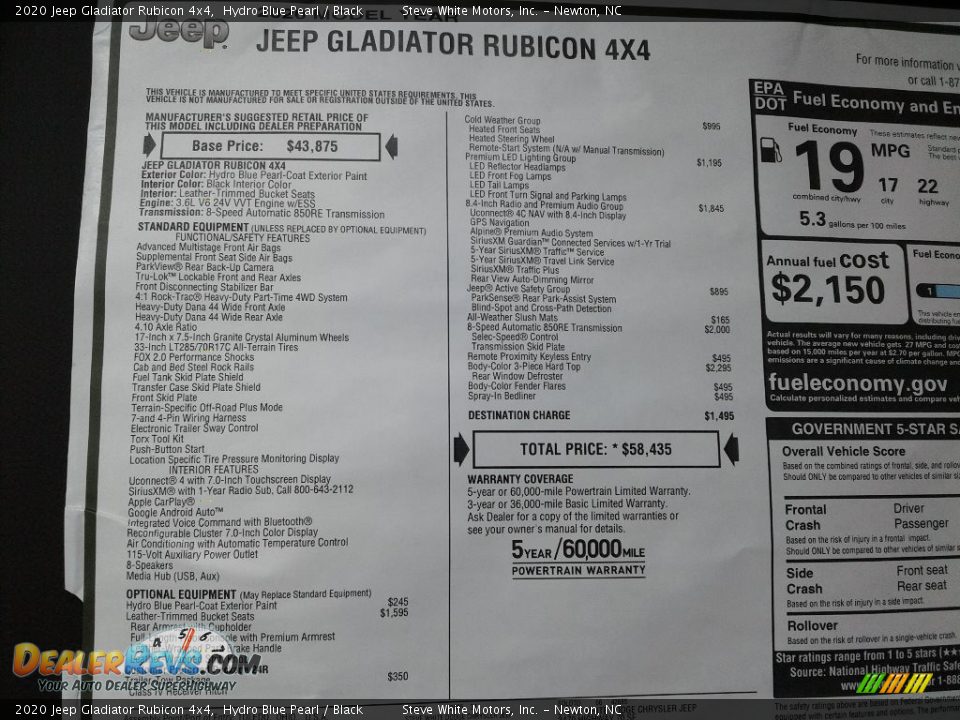 2020 Jeep Gladiator Rubicon 4x4 Window Sticker Photo #29