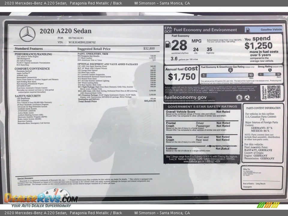 2020 Mercedes-Benz A 220 Sedan Patagonia Red Metallic / Black Photo #10